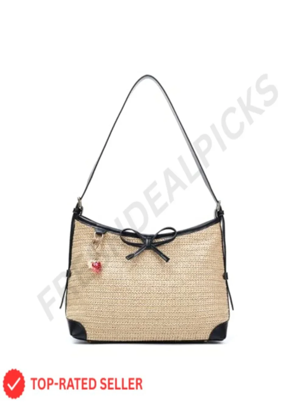 Handwoven Straw Hobo Shoulder Purse, Tote Handbag for Women - Vegan Faux PU